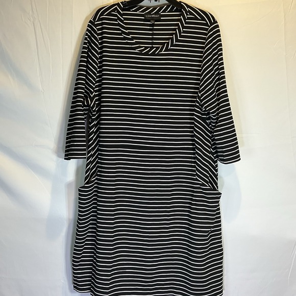 Lane‎ Bryant Dress Plus 22/24 Black White Stripe Knit Stretch Fit Midi Pockets - Picture 1 of 6